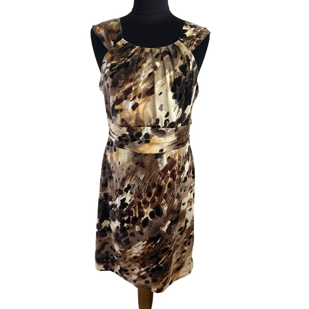 Connected Apparel Tan & Brown Print Sleeveless Dress, Size 12